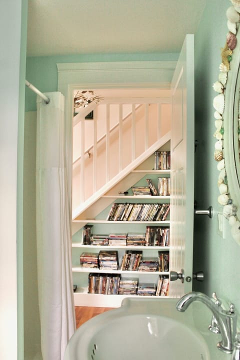 Main house bathroom with tub, shower -  leading to hallway & DVD collection