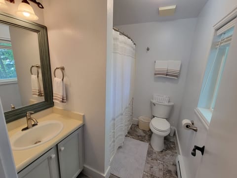 Combined shower/tub, hair dryer, towels, soap