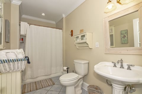 Combined shower/tub, hair dryer, towels