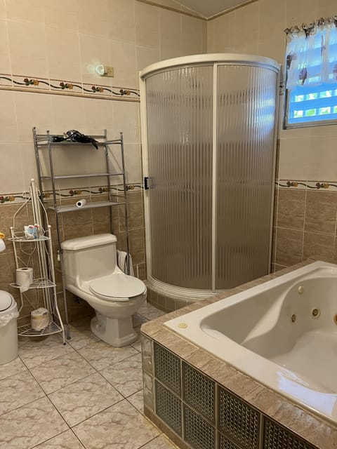 Combined shower/tub, hair dryer, towels, soap