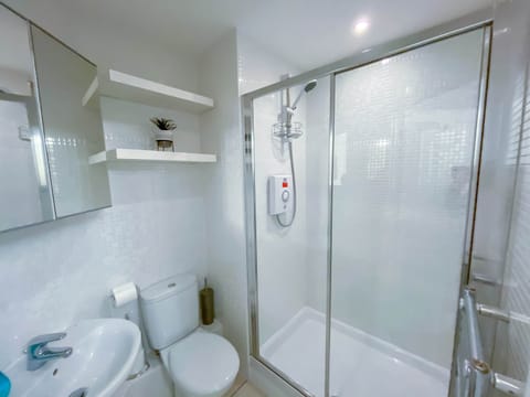 Combined shower/tub, hair dryer, towels, soap