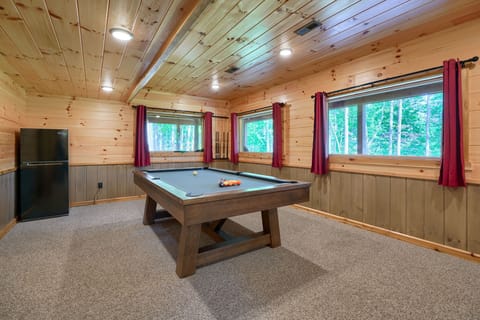 Lower level pool table and refrigerator