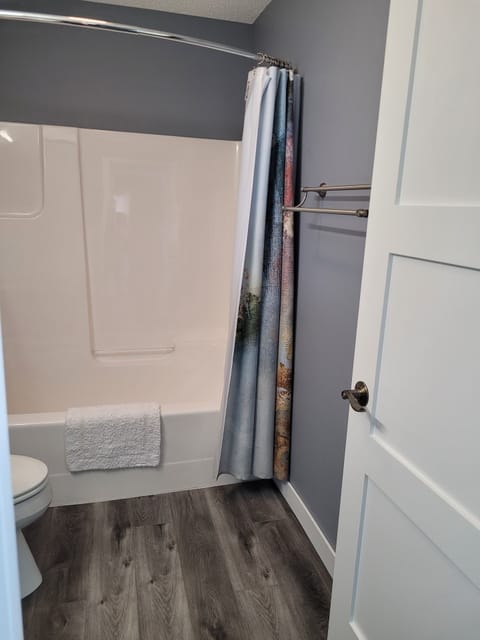 Combined shower/tub, towels, toilet paper