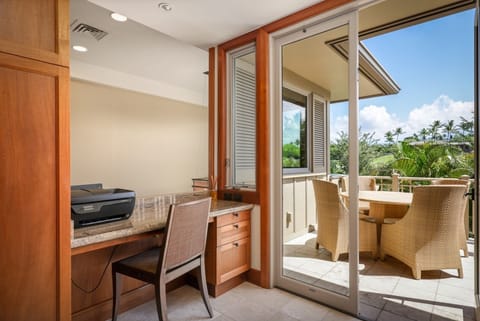 Built-in desk and a lovely breakfast balcony overlooking the immaculate courtyard.