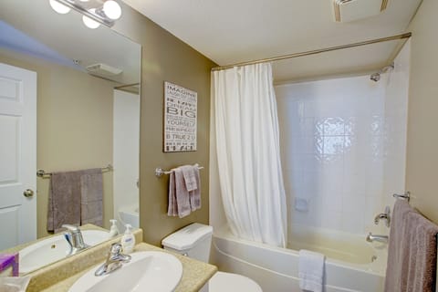 Combined shower/tub, hair dryer, towels, soap