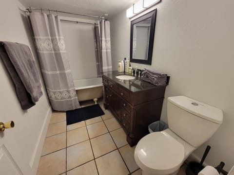 Combined shower/tub, hair dryer, towels, soap