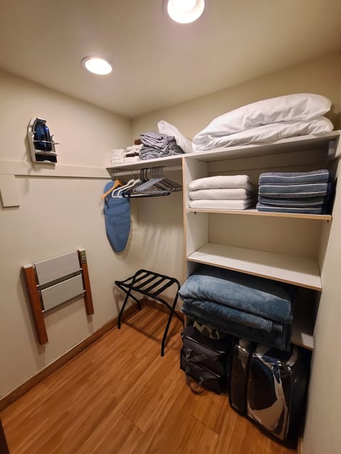 Walk in master closet with iron, and extra linens