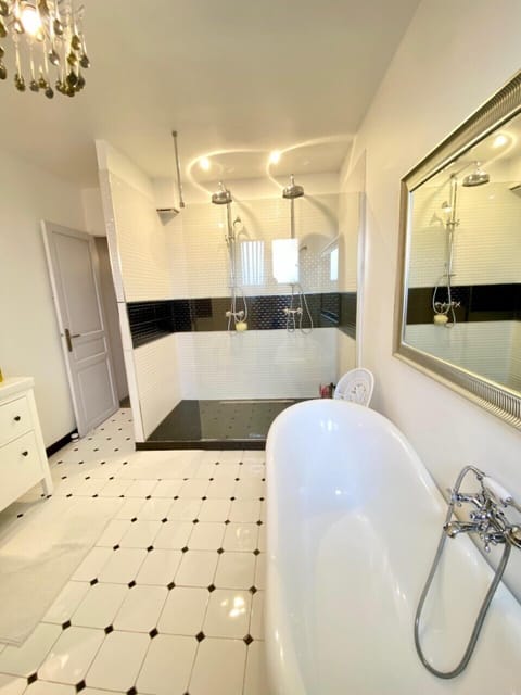 Combined shower/tub, hair dryer, towels, toilet paper