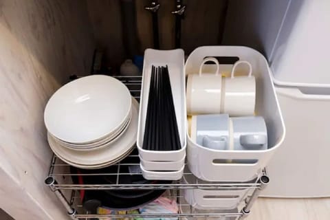 Fridge, microwave, cookware/dishes/utensils