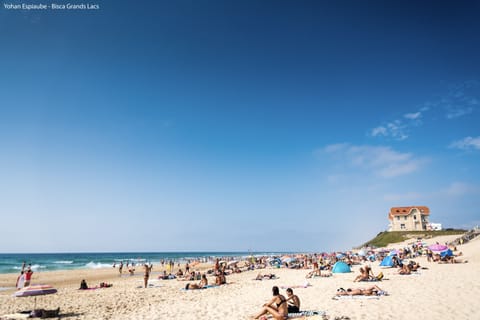 On the beach, sun loungers