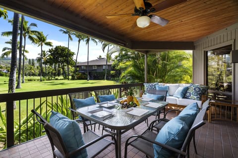 Start your Hawaiian vacation relaxing on the lanai with lush golf course views and space for al fresco dining.