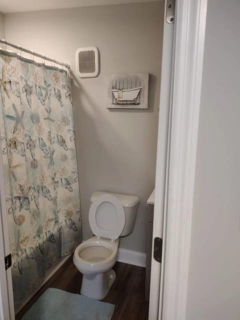 Combined shower/tub, towels, soap, toilet paper