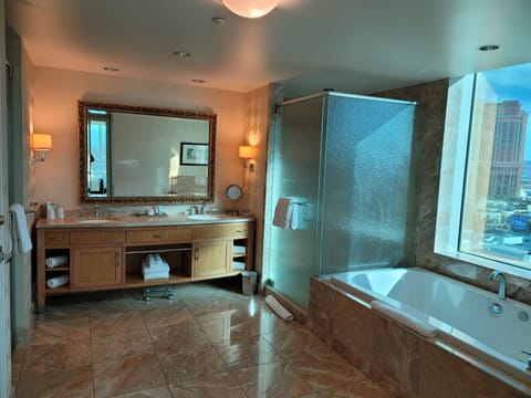 Shower, jetted tub, hair dryer, towels