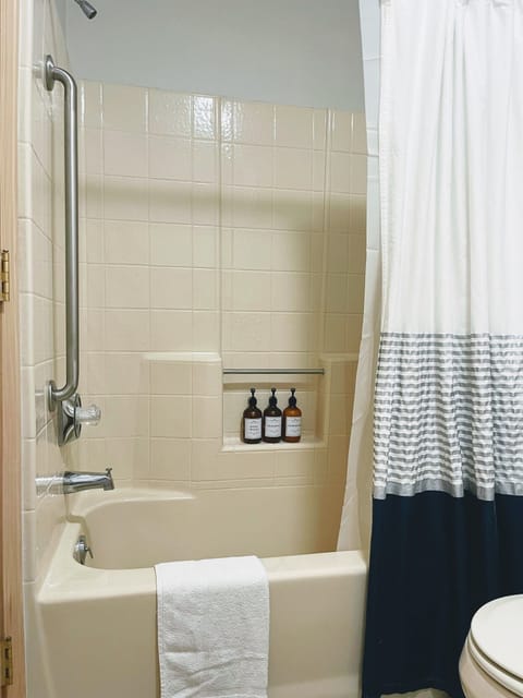 Combined shower/tub, hair dryer, towels, soap