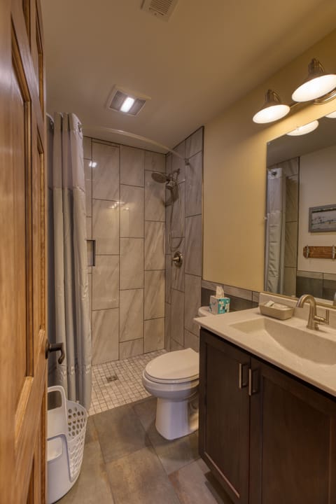 Combined shower/tub, hair dryer, towels, soap