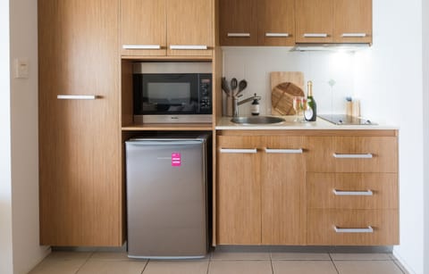 Fridge, microwave, toaster, cookware/dishes/utensils