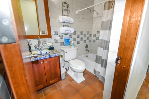 Combined shower/tub, hair dryer, bidet, towels