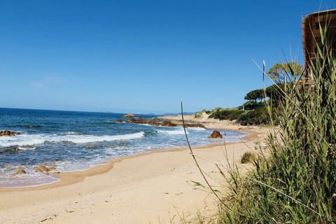 On the beach, sun loungers