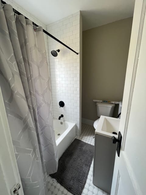 Combined shower/tub, towels, toilet paper