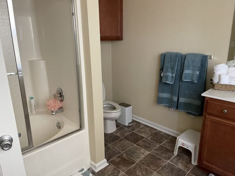 Combined shower/tub, towels, toilet paper