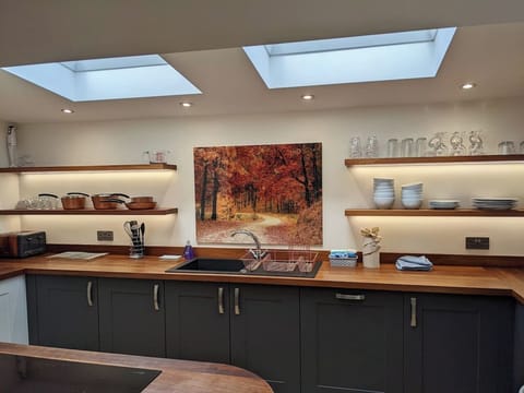 Sky lights give natural light. Autumn splash backs provide a splash of colour. With double sink, full size dishwasher and lots of cupboard space
