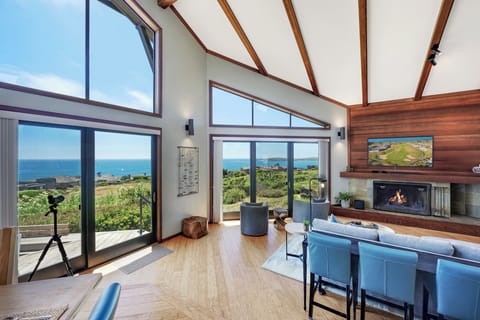 Large wood burning fireplace and a 65" 4K TV with Bose sound bar