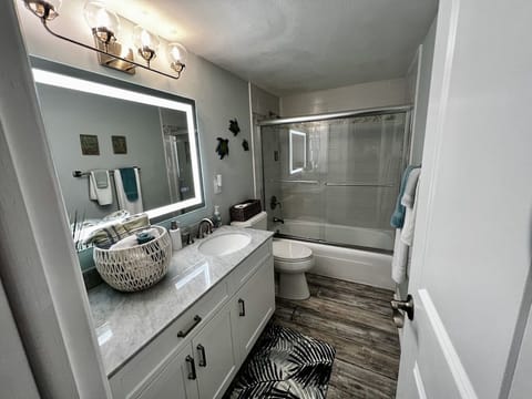 Combined shower/tub, hair dryer, towels