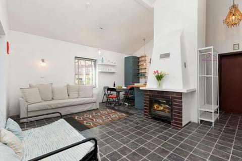 The living area features a sleek dining table and a flat-screen television.