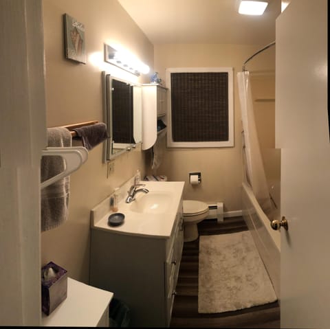 Combined shower/tub, jetted tub, towels, toilet paper