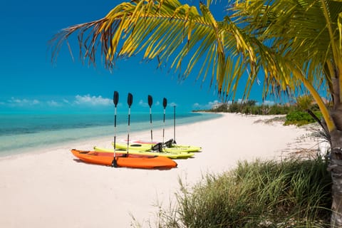 On the beach, sun loungers