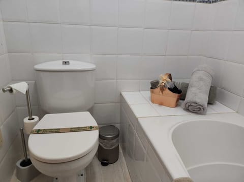 Combined shower/tub, hair dryer, bidet, towels