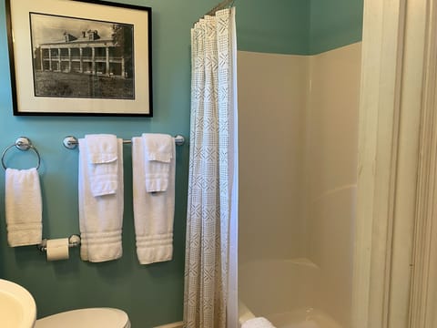 Combined shower/tub, hair dryer, towels, soap