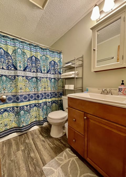 Combined shower/tub, hair dryer, towels, soap