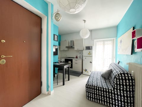 Living room with kitchenette, flat screen TV, sofa bed (French size) and large terrace