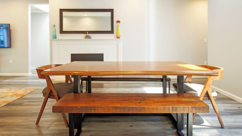 Dining table seats 8 guests.