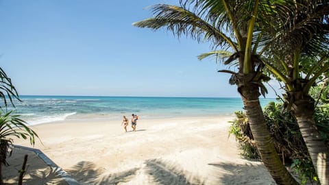 On the beach, sun loungers, beach towels