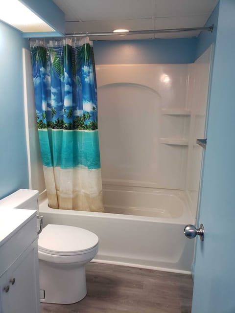 Combined shower/tub, hair dryer, towels