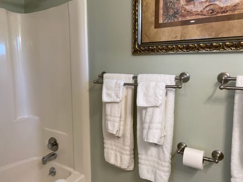 Combined shower/tub, hair dryer, towels, soap