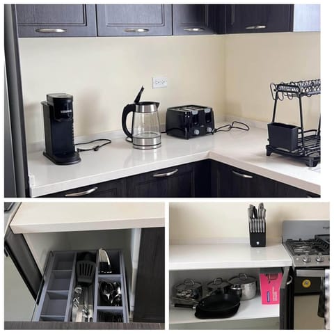 Fridge, microwave, stovetop, coffee/tea maker