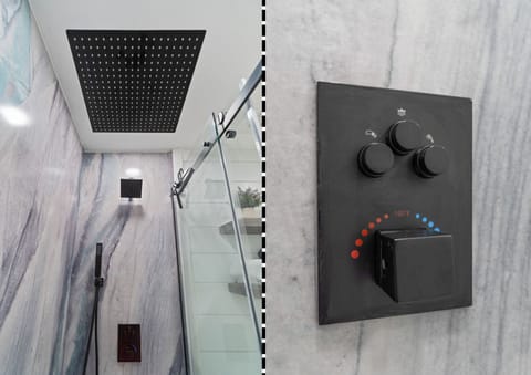 Walk-in shower with 16" rain shower, wall shower & hand held.