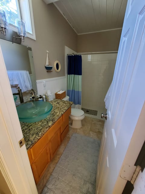 Combined shower/tub, hair dryer, towels, soap