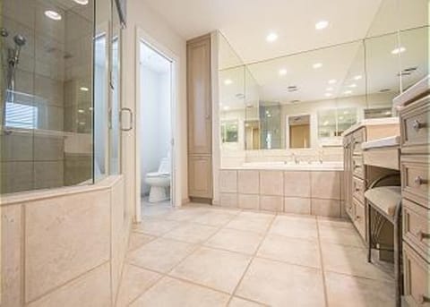 Shower, jetted tub, hair dryer, towels