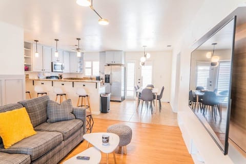 Large modern open concept lay out to living area kitchen and dining table.