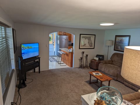 Living room with internet-enabled TV. Kids can sleep in the living room.