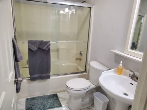 Combined shower/tub, towels, soap, toilet paper