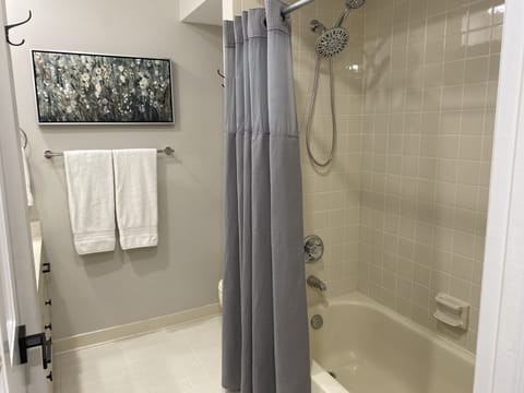 Combined shower/tub, hair dryer, towels, soap