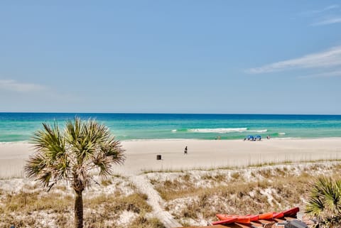 On the beach, sun loungers, beach towels