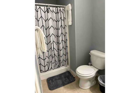 Combined shower/tub, towels, soap, toilet paper