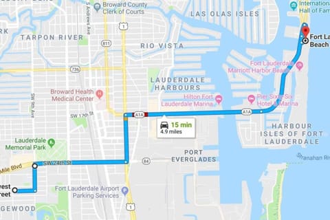 Just 4.9 miles driving to the Fort Lauderdale Beach parking lot.