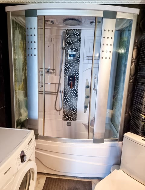 Combined shower/tub, hair dryer, towels, soap